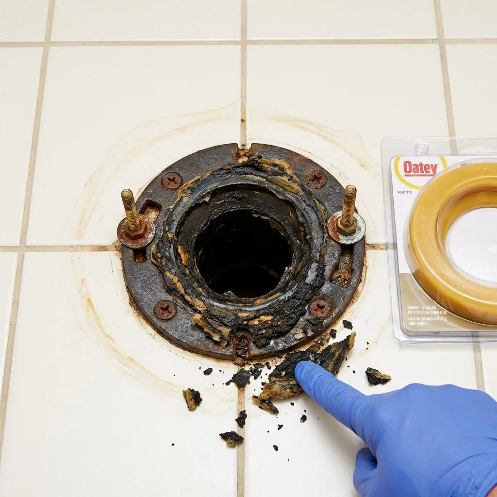Failed wax ring showing water seepage at the base of a toilet in a Athens, NY home